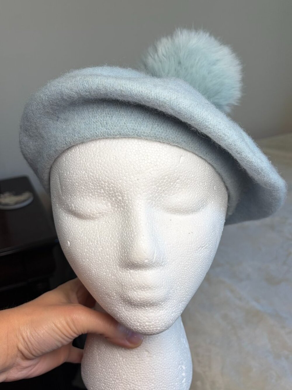100% Wool A New Day Light Blue Beret Hat Faux Fur Pom Pom Winter Beanie Fall